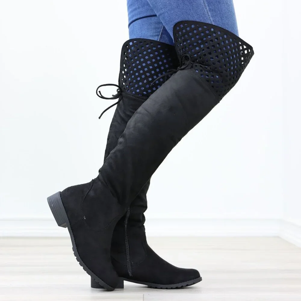 Black Thigh High Over The Knee Flat Boots Faux Suede - Picture 3 of 15